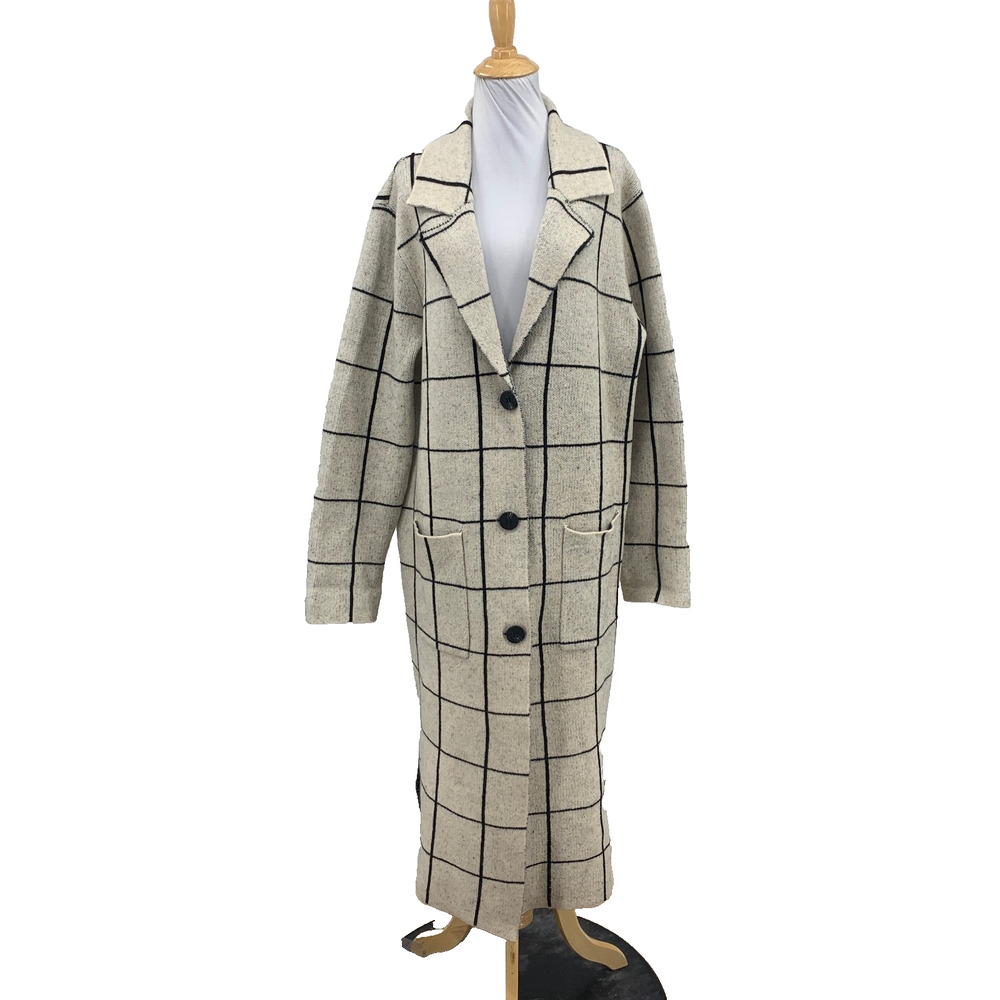 John + Jenn Coat Womens L Large Tan Windowpane Notch Lapel Button Up Coatigan